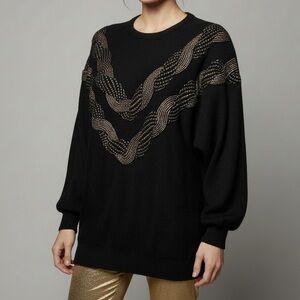 Vintage Karen Scott Black Gold Metallic Chevron Sweater Oversized Tunic Size L